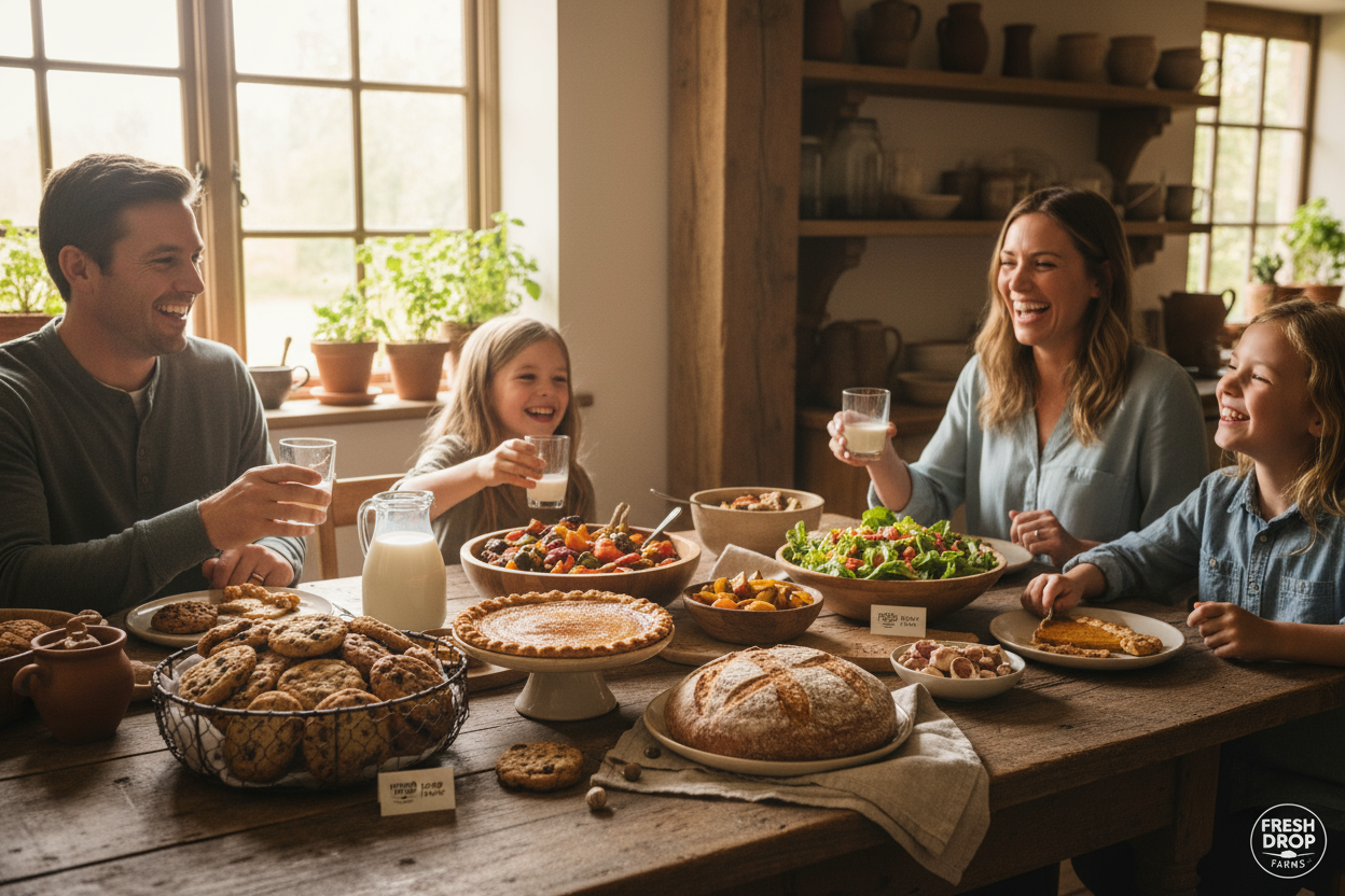 Fresh Drop Farms family eating our foods such as cookies, pumpkin pie, sourdough bread, eggs, Vegetables delivered to their door