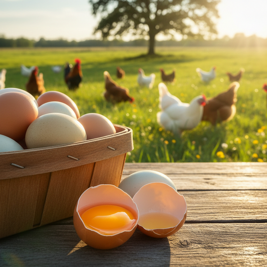Indulge in the ultimate powerhouse of nutrition with our farm fresh eggs. Our chickens are pasture raised on a small family farm and roam outdoors in the sun, eating organic grass, and seeds, resulting in unrivaled nutrient-rich eggs. With regenerative farming practices, we provide you with the healthiest eggs for a strong and healthy body